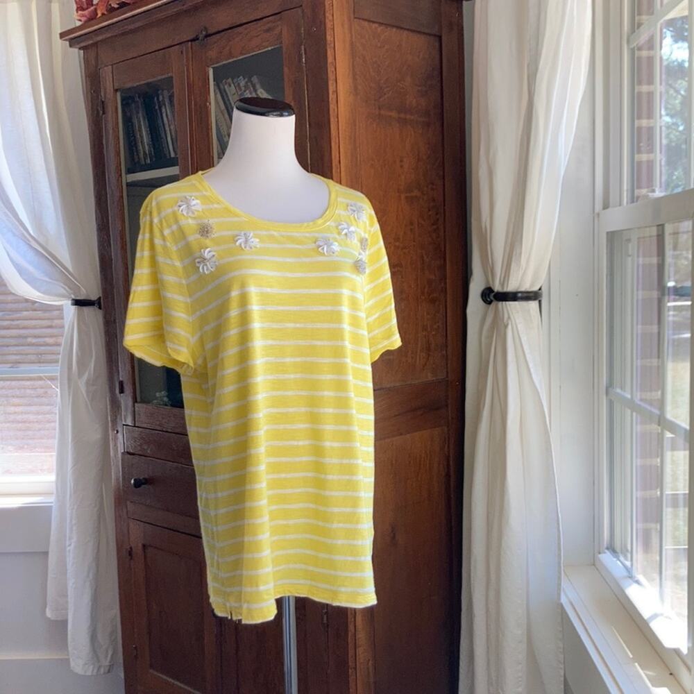 Talbots Yellow & White Striped T-shirt With Beading, Size XL